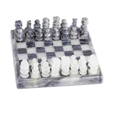 Grey and Ivory Challenge,'Mini Onyx and Marble Chess Set in Grey and Ivory'