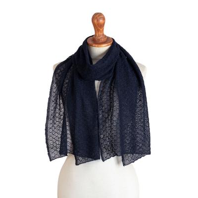 Midnight Blue Gossamer,'Textured 100% Baby Alpaca Scarf in Navy from Peru'