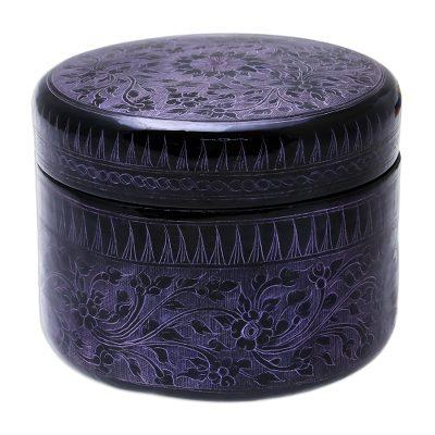 Exotic Flora in Purple,'Round Mango Wood Decorative Box in Purple from Thailand'