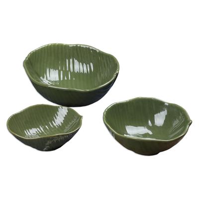 Stoneware ceramic bowls, 'Banana Garden,' (set of ...
