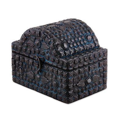 Indian Treasure,'Black and Blue Embossed Aluminum Jewelry Box from India'