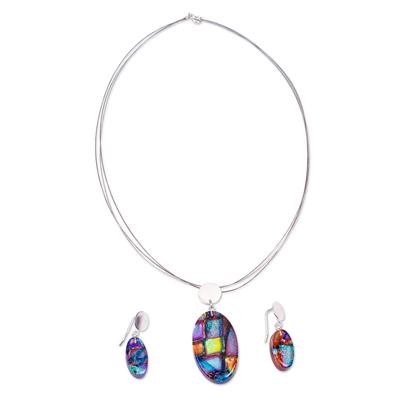 Colorful Luminosity,'Colorful Dichroic Art Glass Necklace & Earrings Jewelry Set'