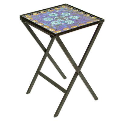 Blue Circle Symmetry,'Handcrafted Blue Mandala Stained Glass Mosaic Folding Table'