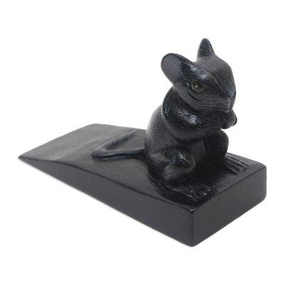 Charming Mouse in Black,'Hand Carved Suar Wood Mouse Door Stopper in Black from Bali'