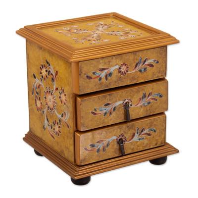 Yellow Garden,'Floral Reverse Painted Glass Jewelry Box in Yellow from Peru'