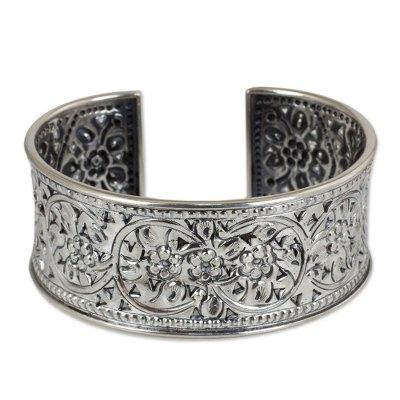 Silver cuff bracelet, 'Renewal' - Floral Fine Silver Cuff Bracelet