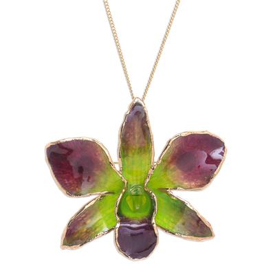 'Gold-Plated Green Orchid Petal Pendant Necklace and Brooch'