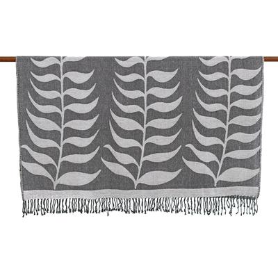 Eternal Foliage,'Black and White Leafy Cotton Throw with Fringes'