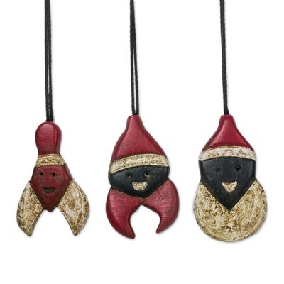 Father Christmas,'Wood Santa Claus Ornaments from Ghana (Set of 3)'
