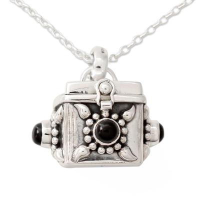 Royal Prayer,'Square Prayer Box Pendant Necklace with Onyx'