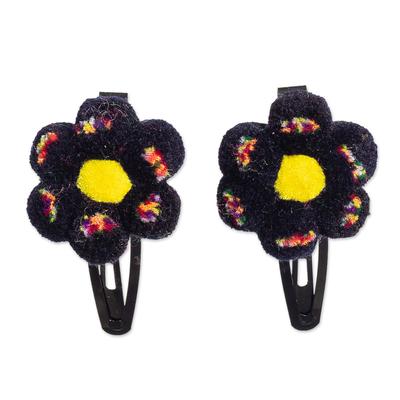 Night Flowers,'Handcrafted Flower Pompom Hair Clips from Peru (Pair)'
