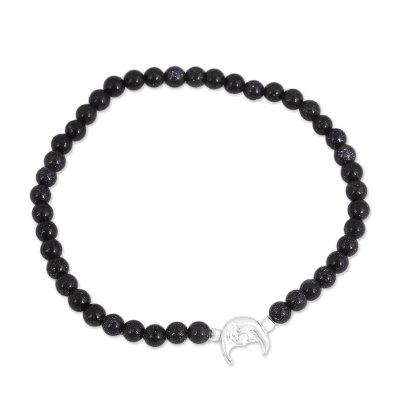 Moon in the Stars,'Deep Blue Agate with Sterling Silver Moon Pendant Bracelet'