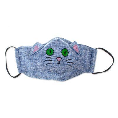 'Blue Cotton Chambray 3-Layer Ear Loop Cat Face Mask'