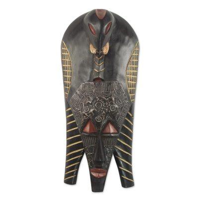 Elephant Glory,'Handcrafted Sese Wood and Aluminum Wall Mask from Ghana'