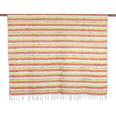 Fusion,'Striped Yellow Cotton Throw Blanket Hand-Woven in India'