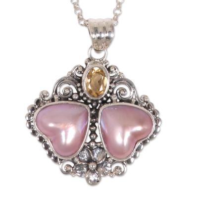 Hearts Aglow,'Heart Shaped Pink Mabe Pearl Pendant Necklace with Citrine'
