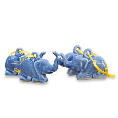 Celadon ceramic ornaments, 'Blue Holiday Elephants' (set of 4)