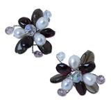 Pearl and garnet flower earrings, 'Night Blossom'
