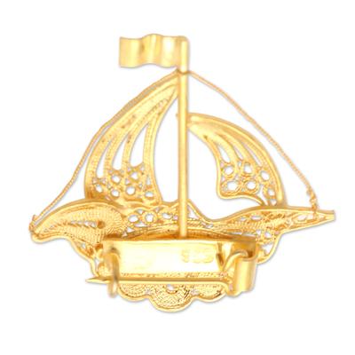 Pirate Boat,'Gold-Plated Filigree Boat Brooch'