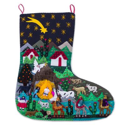 Village Nativity,'Handcrafted Andean Applique Christmas Stocking'