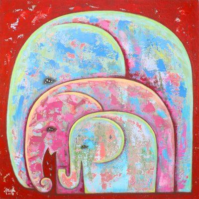 Together,'Signed Naif Painting of an Elephant Family from Thailand'