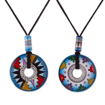 Evening Fiesta,'Pair of Blue and White Geometric Ceramic Pendant Necklaces'