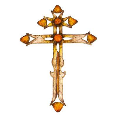 Solar Cross,'Double Barred Cross Steel Wall Art with Painted Solar Design'