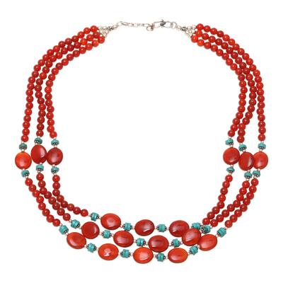 Cascading Sunset,'Carnelian and Calcite Beaded Strand Necklace from India'