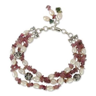 'Bihar Rose' - Tourmaline and Pearl Beaded Bracelet