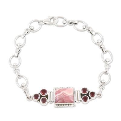 Romantic Style,'Rhodochrosite and Garnet Sterling Silver Pendant Bracelet'