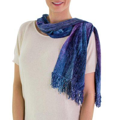 Bamboo chenille and cotton scarf, 'Sapphire Dreamer'