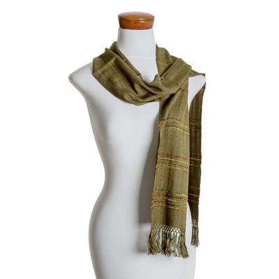 Mystic Maya Olive Grove,'Olive Green Backstrap Loom Handwoven Rayon Scarf'
