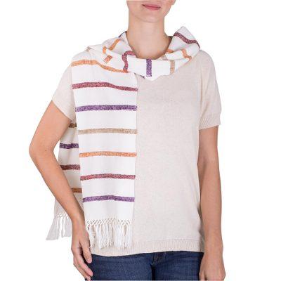 Autumn Memories,'Striped Rayon Wrap Scarf in White from Guatemala'