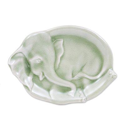 Elephant at Rest in Green,'Handmade Elephant Themed Celadon Ceramic Plate'