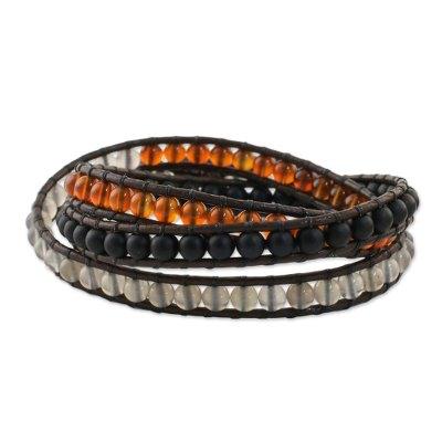 'Unisex Leather and Multi-Gemstone Beaded Wrap Bracelet'
