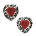 Victorian Heart,'Heart Shaped Enhanced Onyx and Marcasite Button Earrings'