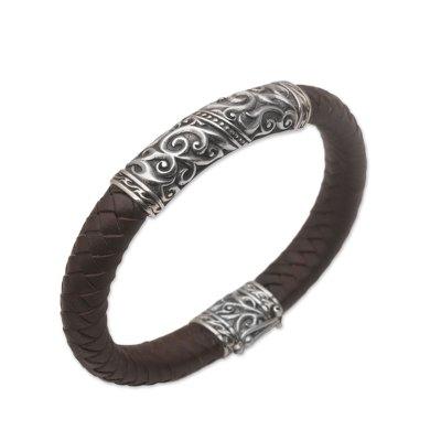 Flow of Courage,'Men's Sterling Silver and Leather Pendant Bracelet from Bali'