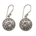 Dainty Shields,'Round Sterling Silver Earrings with Blue Topaz Gems'