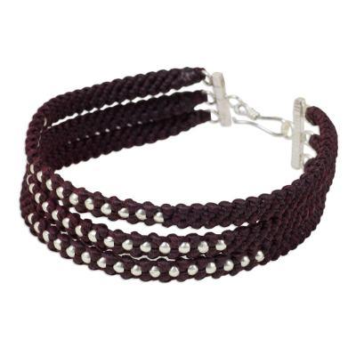 Maroon Moons,'Dark Maroon Braided Wristband Bracelet with Silver Beads'