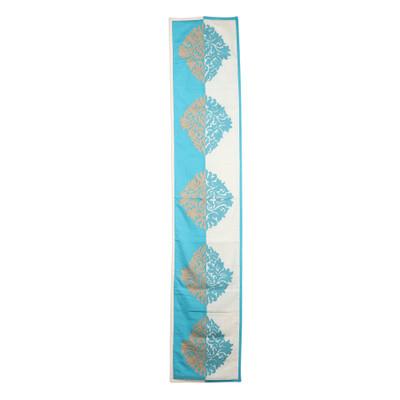 Majestic Fusion,'Cotton Blend Turquoise Beige Leaf Embroidered Table Runner'