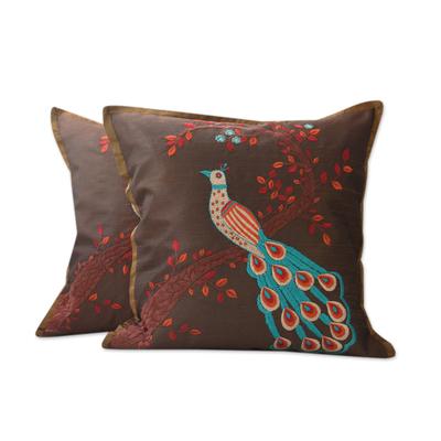 Embroidered cushion covers, 'Peaceful Peacock' (pair)