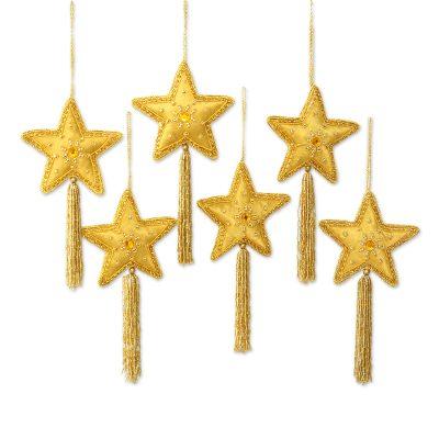 Golden Star,'Embroidered and Beaded Gold Star Ornaments (Set of 6)'