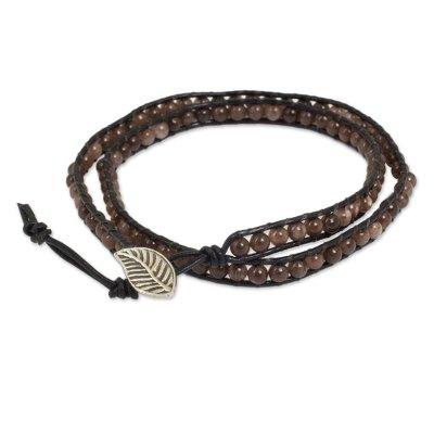 Quartz and leather wrap bracelet, 'Hill Tribe Lands in Black'