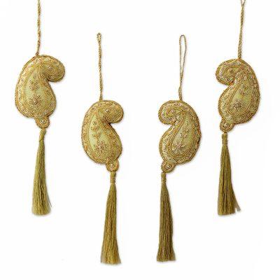 Paisley Holiday,'Hand Beaded Gold Paisley Christmas Ornaments (Set of 4)'