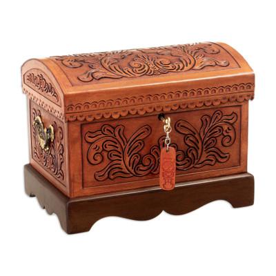 Viceroyalty,'Wood and Leather Jewelry Box with Bronze Handles and Key'