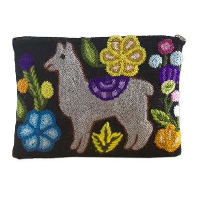 Llama Glam in Grey,'Llama Motif Black Wool Cosmetic Bag from Peru'