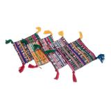 Land of Traditions,'Set of 4 Handcrafted Colorful Cotton Coasters with Tassels'