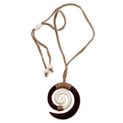 Hand Carved Wood and Bone Macrame Necklace 'Hypnotic Borneo'