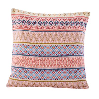 Strawberry Inspiration,'Handloomed Multicolor Cotton Cushion Cover from Guatemala'