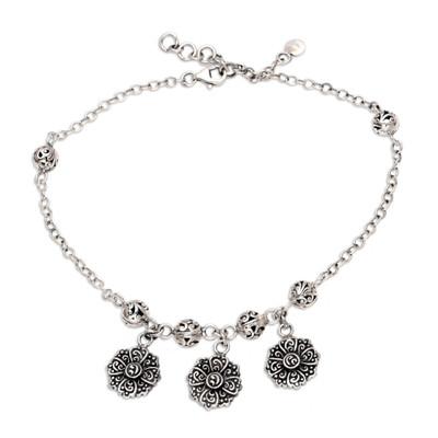 Flower Lanterns,'Sterling Silver Charm Anklet with Floral Motif'